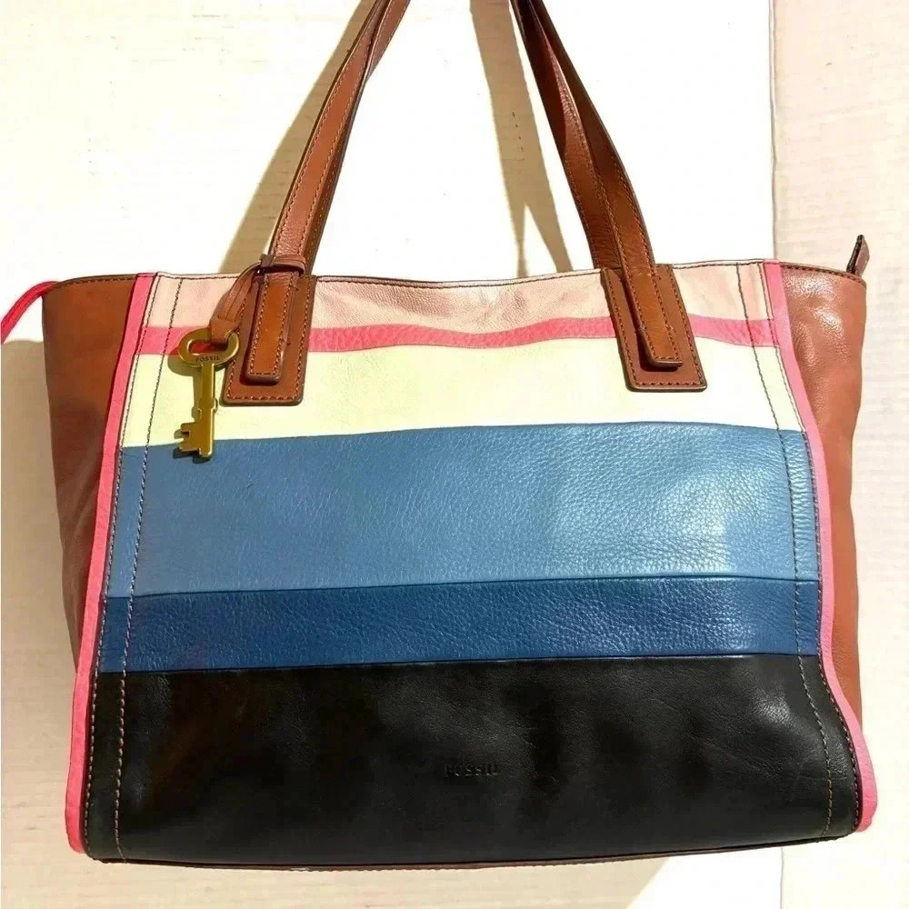 Fossil Emma Multicolor Patch Work Pebbled Tote Ha… - image 3